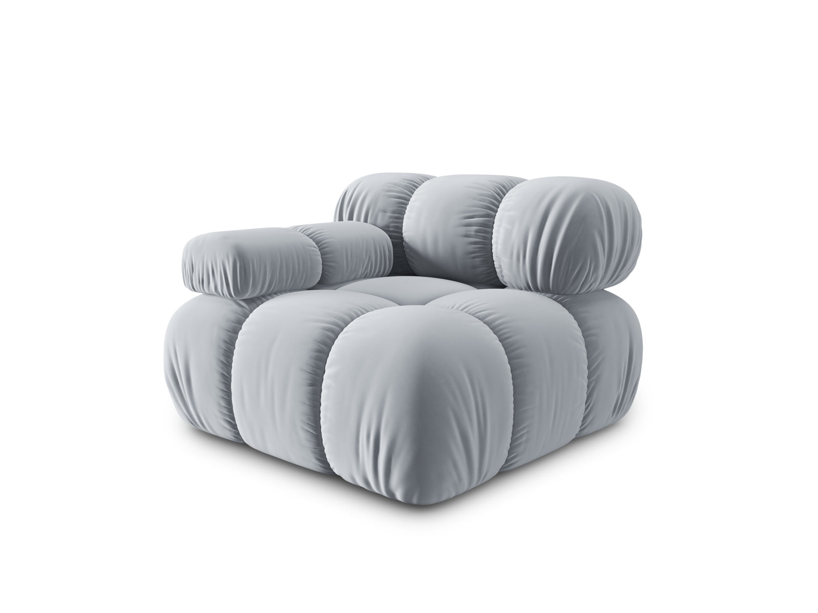 Stylisches Bellis Velour Modul links 1 Sitzer in zartem Hellblau, perfekt für moderne Wohnkonzepte und kreative Sitzlösungen.