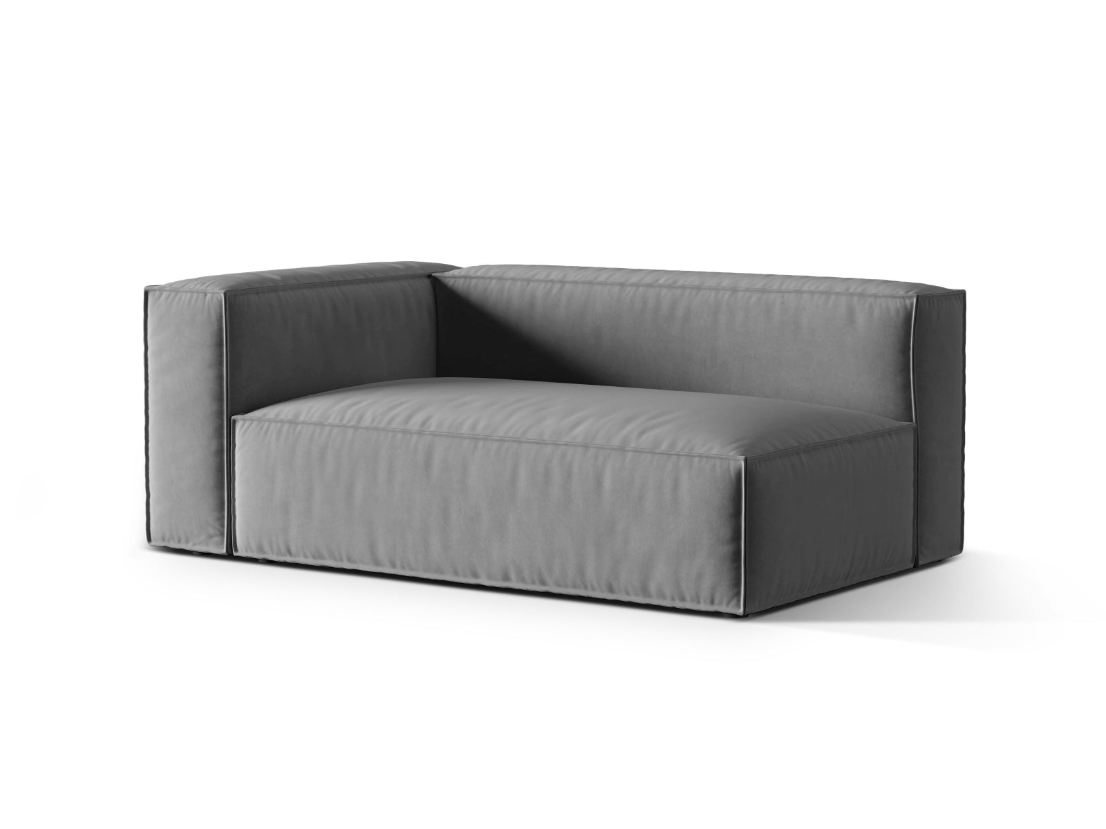 Elegantes Nuria Velour 3-Sitzer Sofa in Grau, linksseitig, ideal für moderne Wohnräume, erhältlich bei KAQTU Design AG.