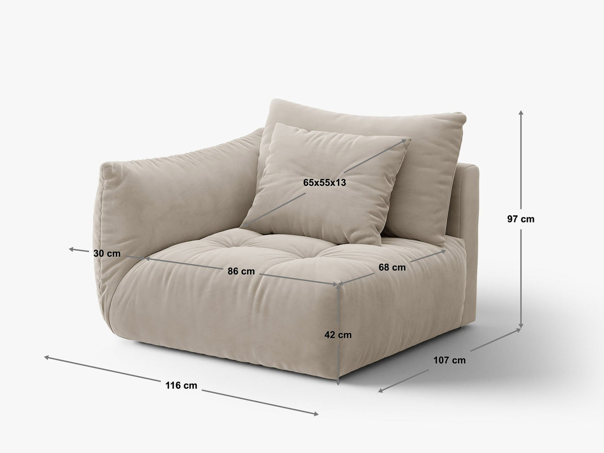 Modulares Sofa Bloom Modul von Micadoni in Leichtes Beige mit Casino-Stoffbezug aus Velours und schwarzen Kunststoffbeinen.