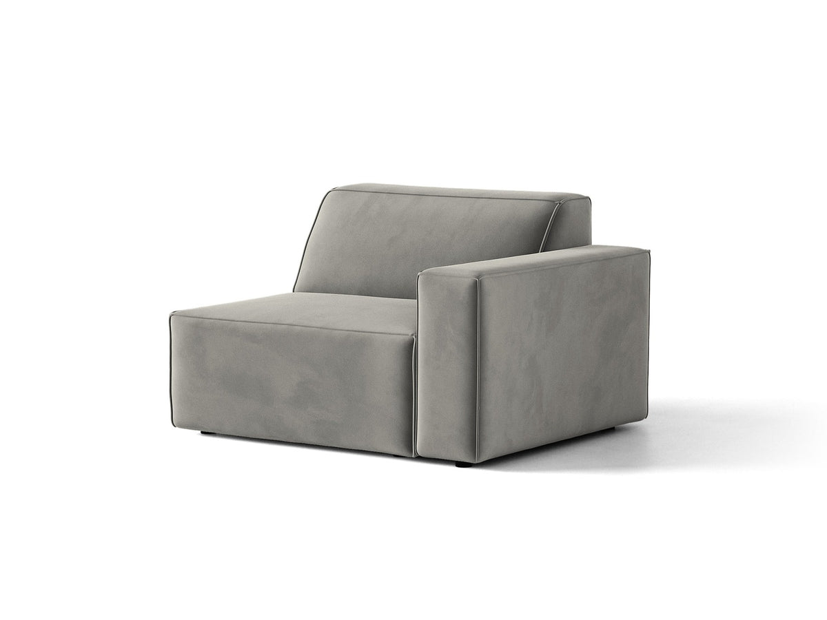 Modulares Sofa Jodie von Micadoni in leichtem Beige mit Venus-Samtstoff, schwarzen Kunststoffbeinen und rechtsseitiger Ausrichtung.