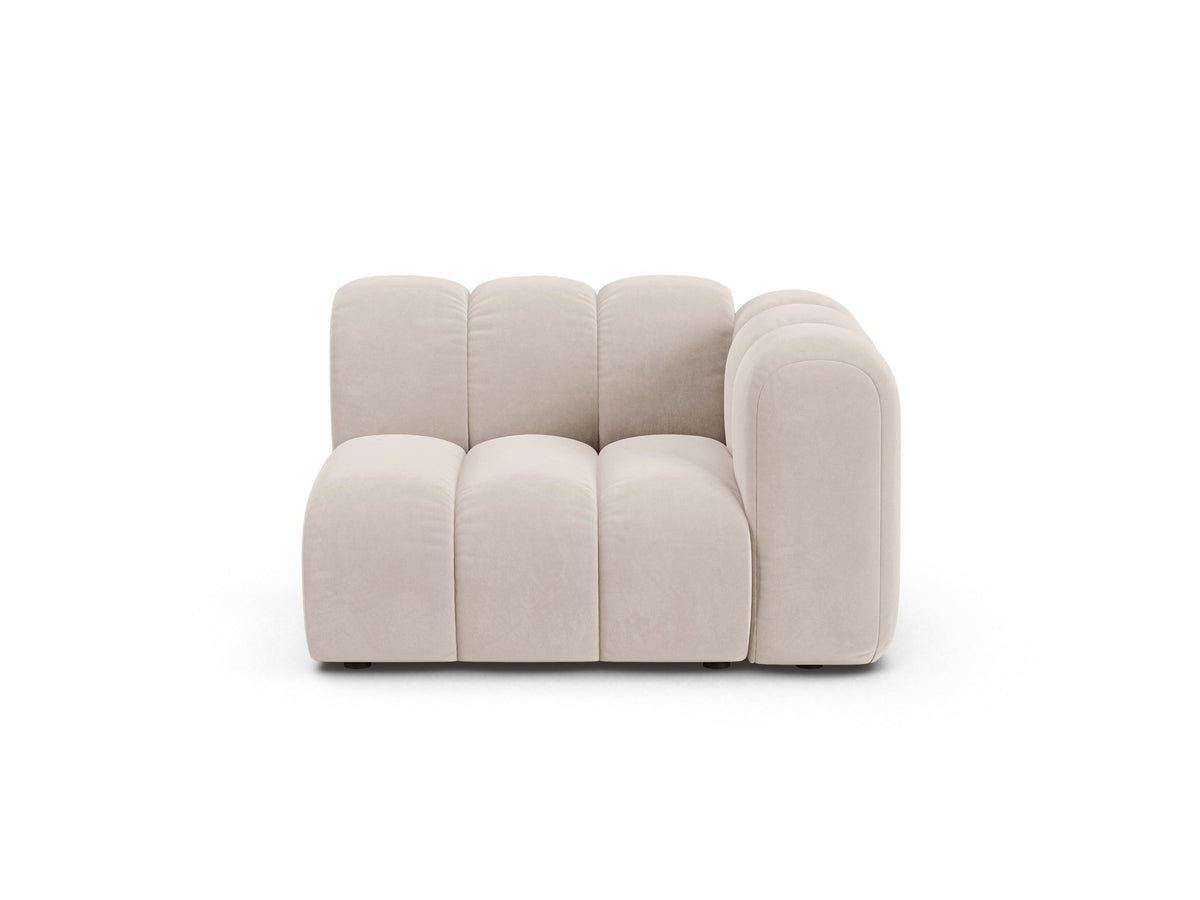 Produktfoto des Lupine Einsitzers von Micadoni: modulares Sofa mit beigem Venus-Stoffbezug und schwarzen Kunststoffbeinen.
