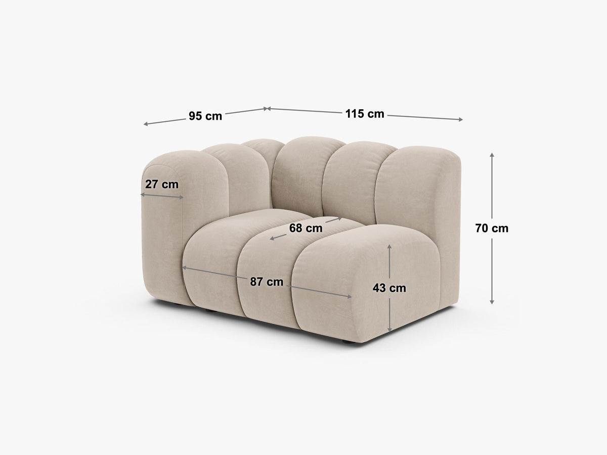 Produktfoto des Lupine Einsitzers von Micadoni: modulares Sofa mit beigem Venus-Stoffbezug und schwarzen Kunststoffbeinen.