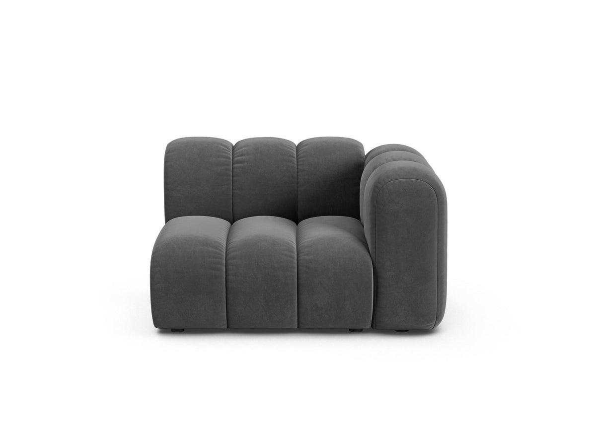 Produktfoto des Lupine Einsitzers von Micadoni: modulares Sofa mit beigem Venus-Stoffbezug und schwarzen Kunststoffbeinen.