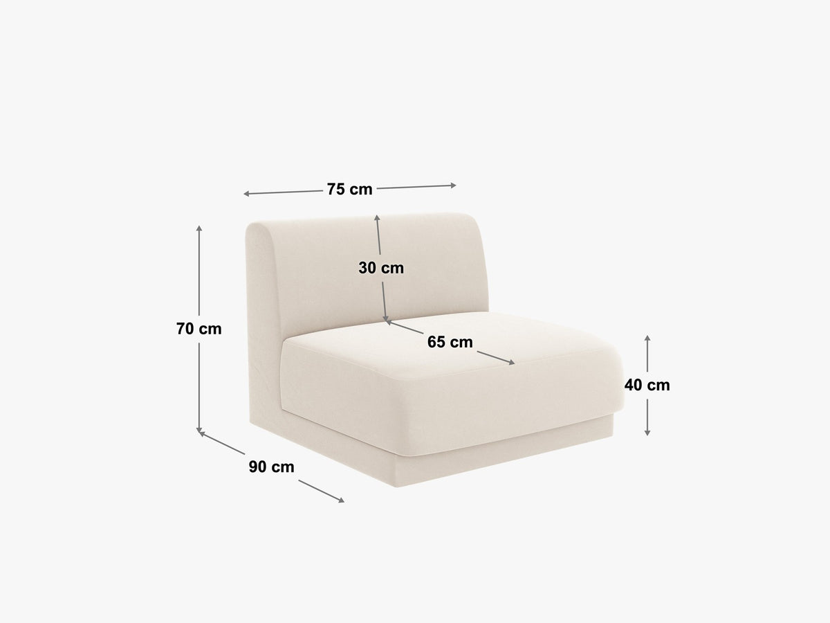 Einsitzer-Modul des Miley Sofas von Micadoni in Dunkelbeige, bezogen mit samtartigem Bluvel-Stoff, mit schwarzen Kunststofffüssen.