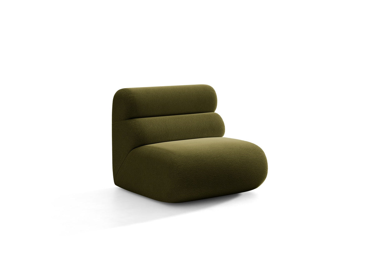 Armloses Samtmodul-Sofaelement Neo von Micadoni in dunklem Olivgrün, mit schwarzen Kunststoffbeinen, Teil eines modularen Sofasystems.
