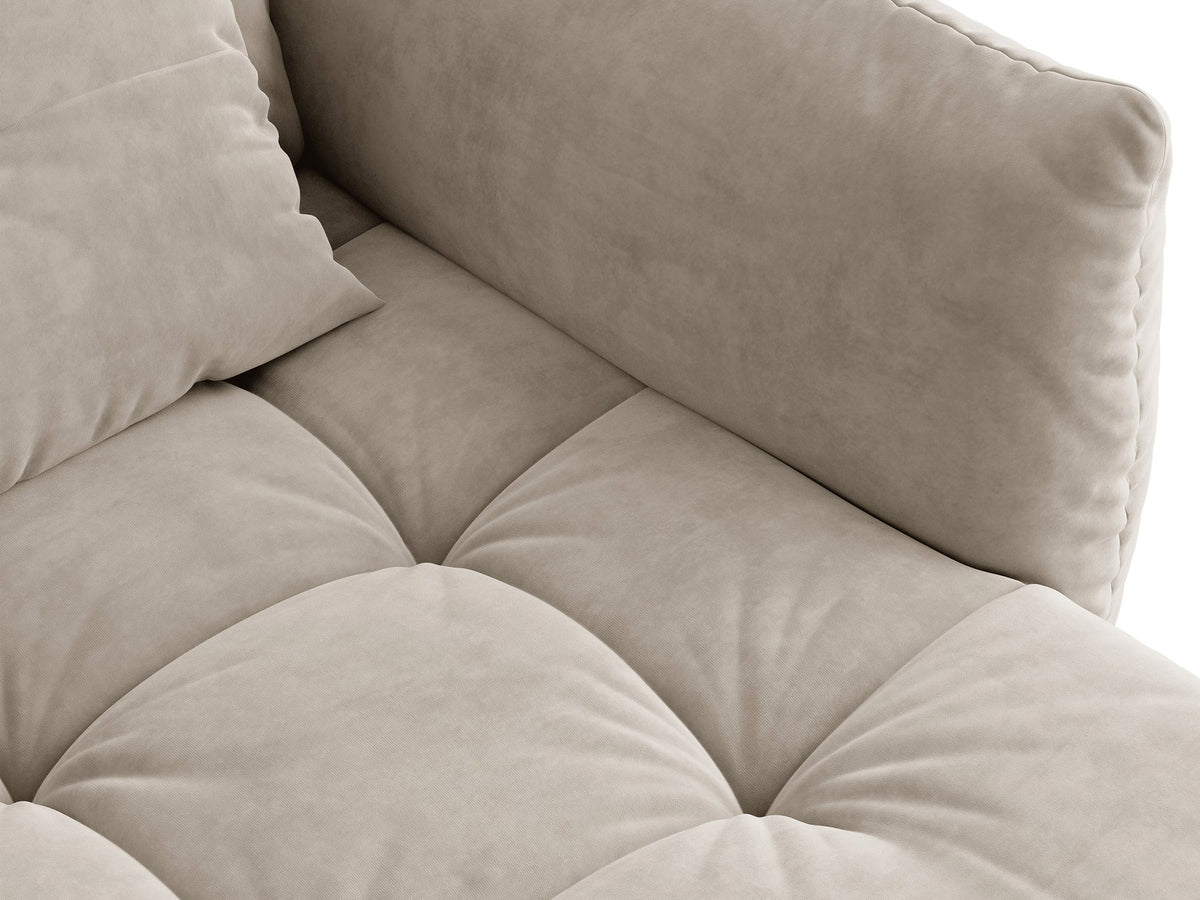 Armloses Sofa-Modul der Serie Bloom von Micadoni mit beigefarbenem Samtbezug Casino Pearl und schwarzen Kunststoffbeinen.