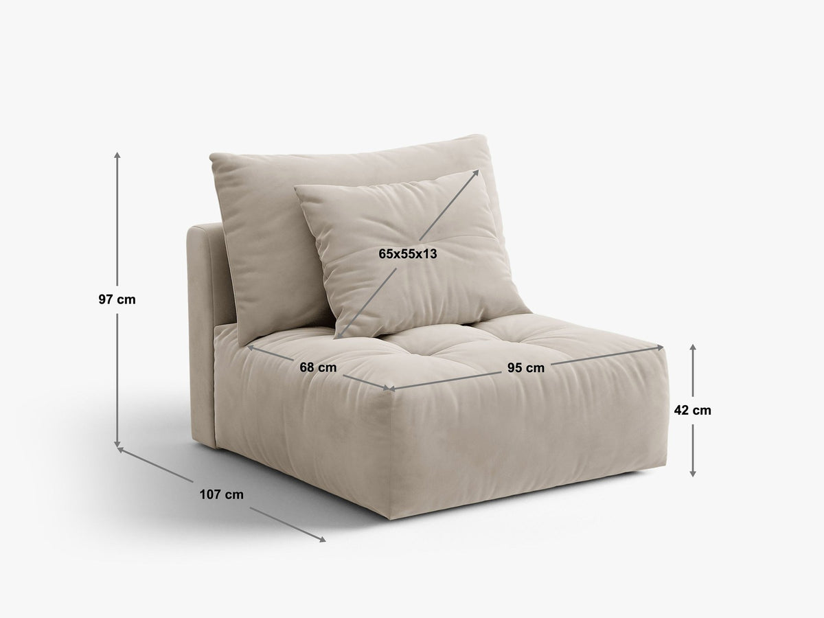 Armloses Sofa-Modul der Serie Bloom von Micadoni mit beigefarbenem Samtbezug Casino Pearl und schwarzen Kunststoffbeinen.