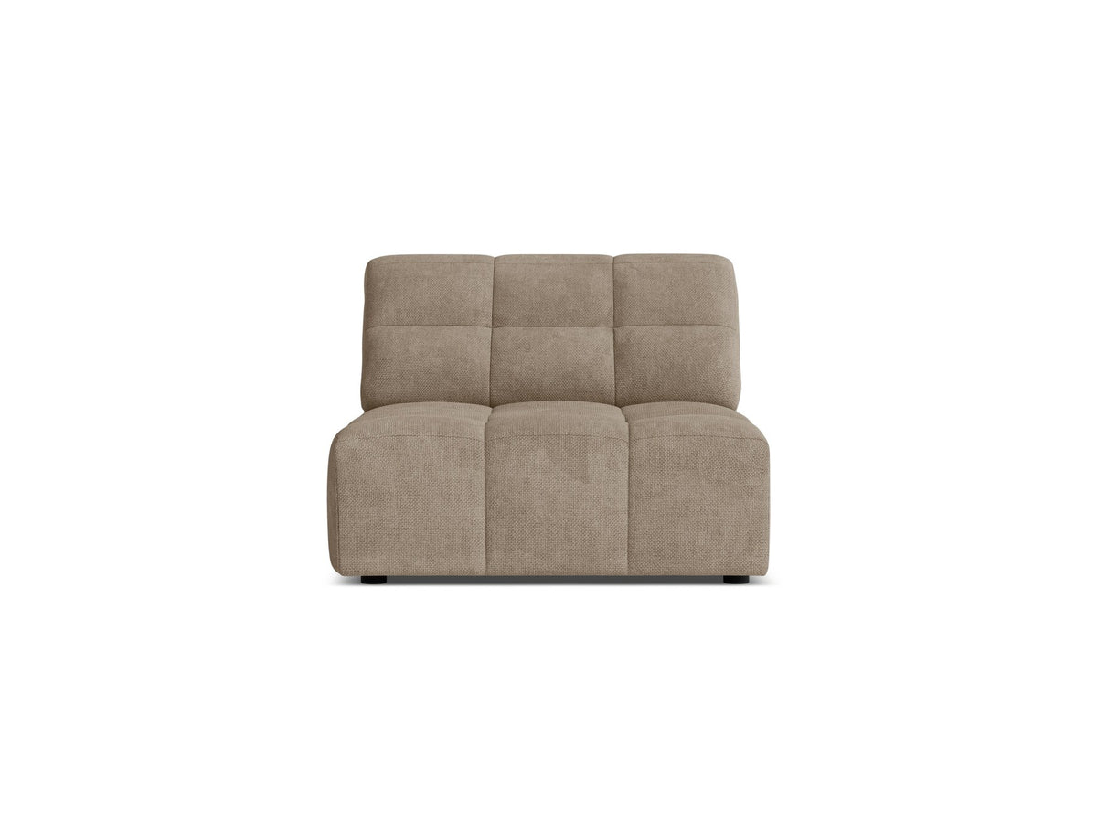 Armloses Sofamodul Jennifer von Micadoni in leichtem Beige, Chenillestoff mit 3D-Struktur, schwarze Kunststoffbeine, Frontalansicht.