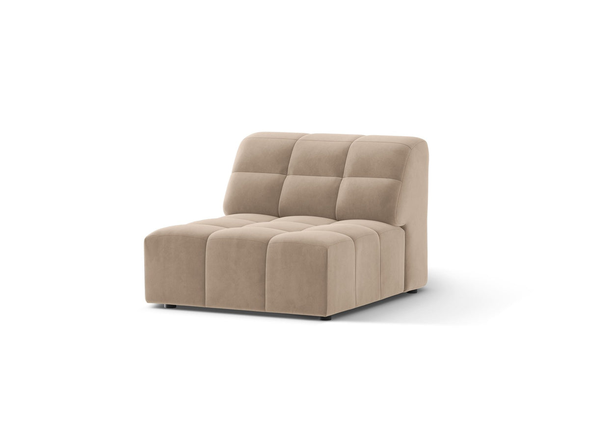 Armloses Sofamodul Jennifer von Micadoni in leichtem Beige, Chenillestoff mit 3D-Struktur, schwarze Kunststoffbeine, Frontalansicht.