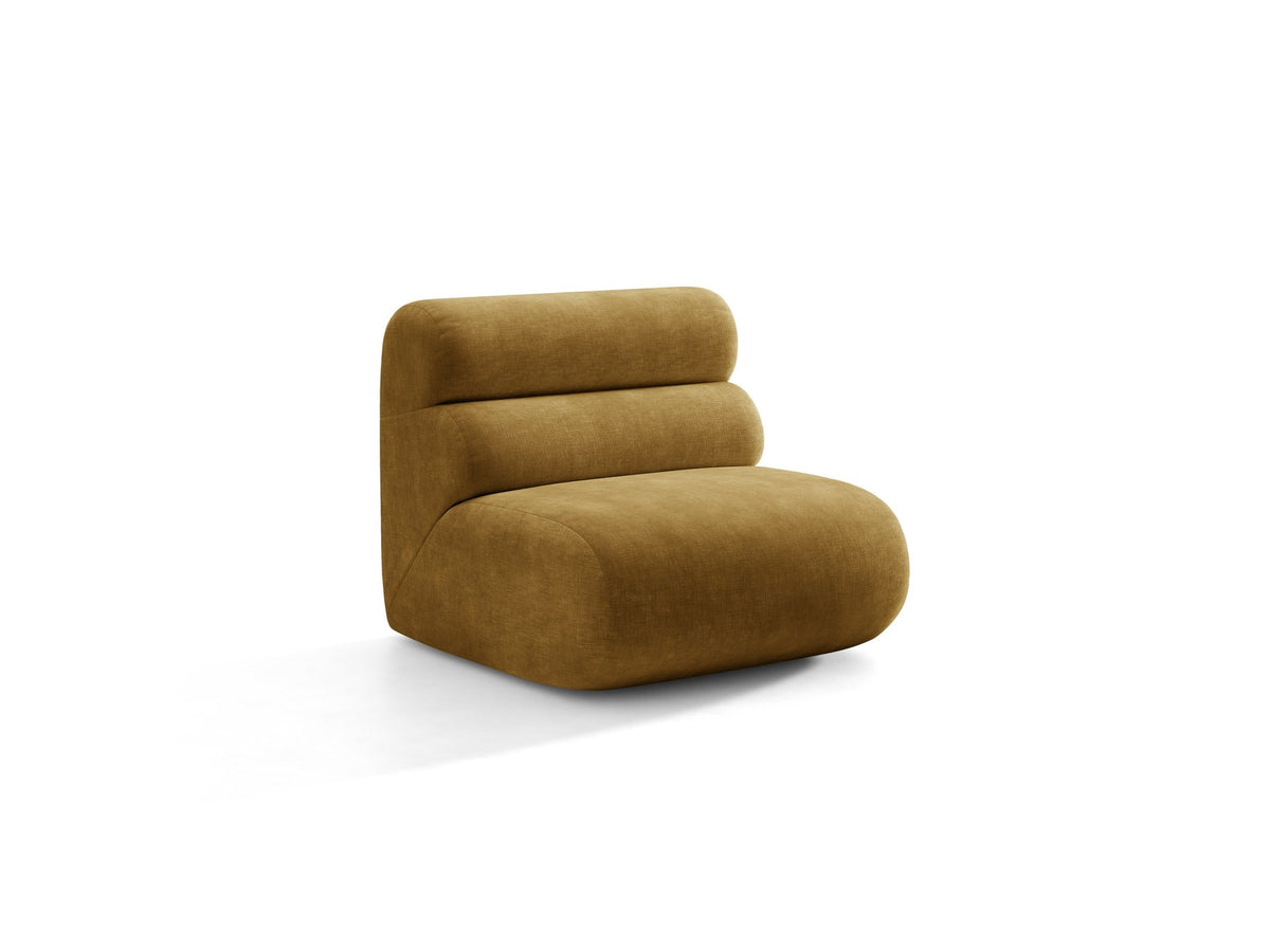 Armloses Samtmodul-Sofaelement Neo von Micadoni in dunklem Olivgrün, mit schwarzen Kunststoffbeinen, Teil eines modularen Sofasystems.