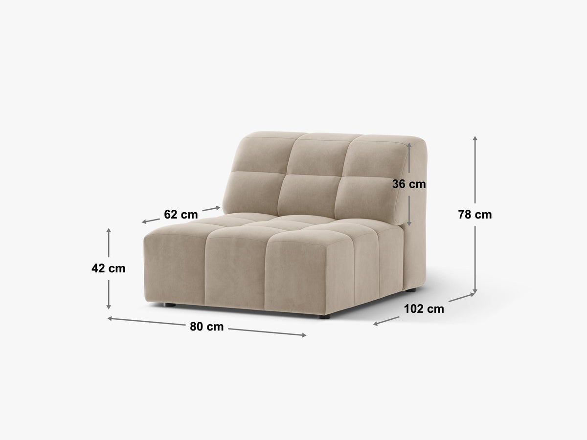Armloses Sofamodul Jennifer von Micadoni in leichtem Beige, Chenillestoff mit 3D-Struktur, schwarze Kunststoffbeine, Frontalansicht.