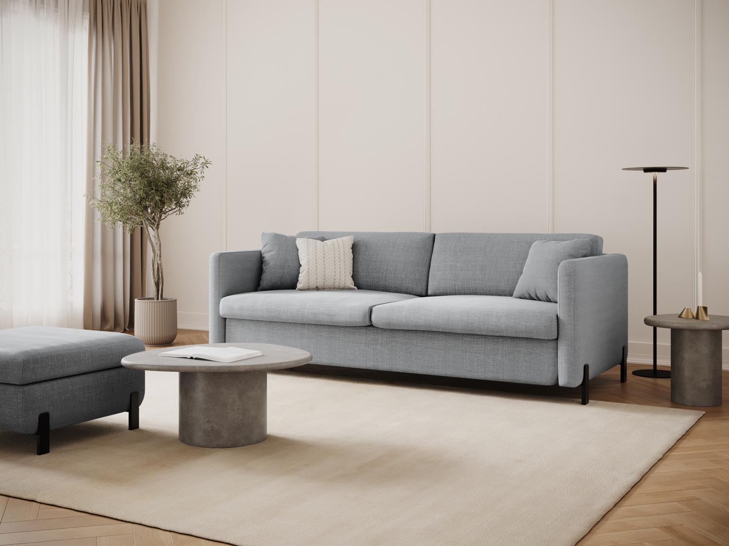 Stylisches 2-Sitzer Sofa Gloria in Hellgrau mit Schlaffunktion, ideal für kleine Räume und gemütliche Nächte.