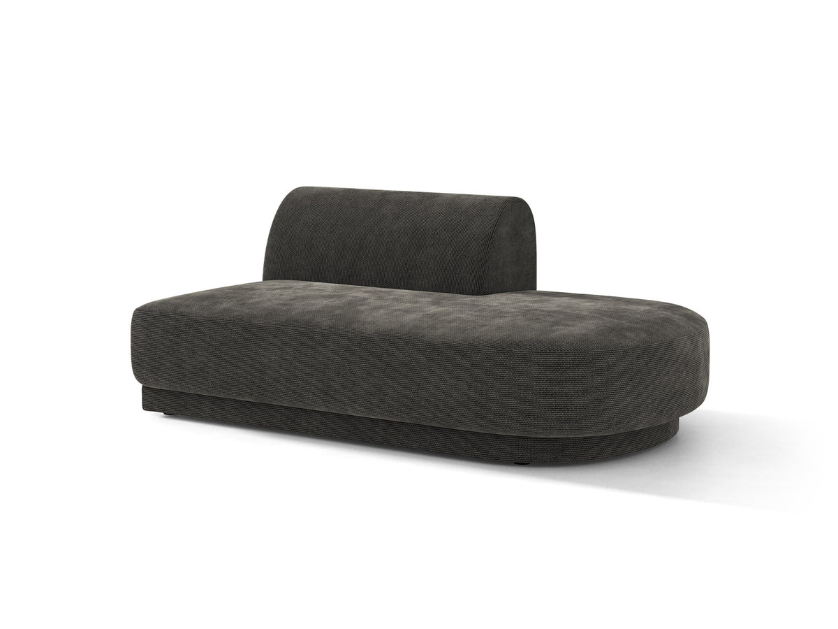 Modulares Sofaelement in Dunkelbeige mit Bluvel-Stoffbezug, schwarzen Kunststoffbeinen und niedriger Rückenlehne, rechts ausgerichtet.