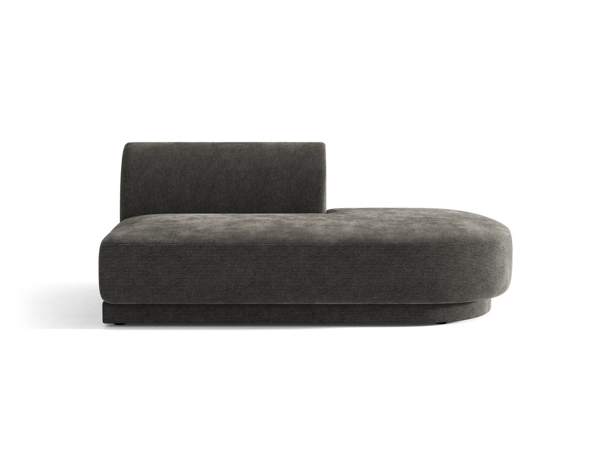 Modulares Sofaelement in Dunkelbeige mit Bluvel-Stoffbezug, schwarzen Kunststoffbeinen und niedriger Rückenlehne, rechts ausgerichtet.