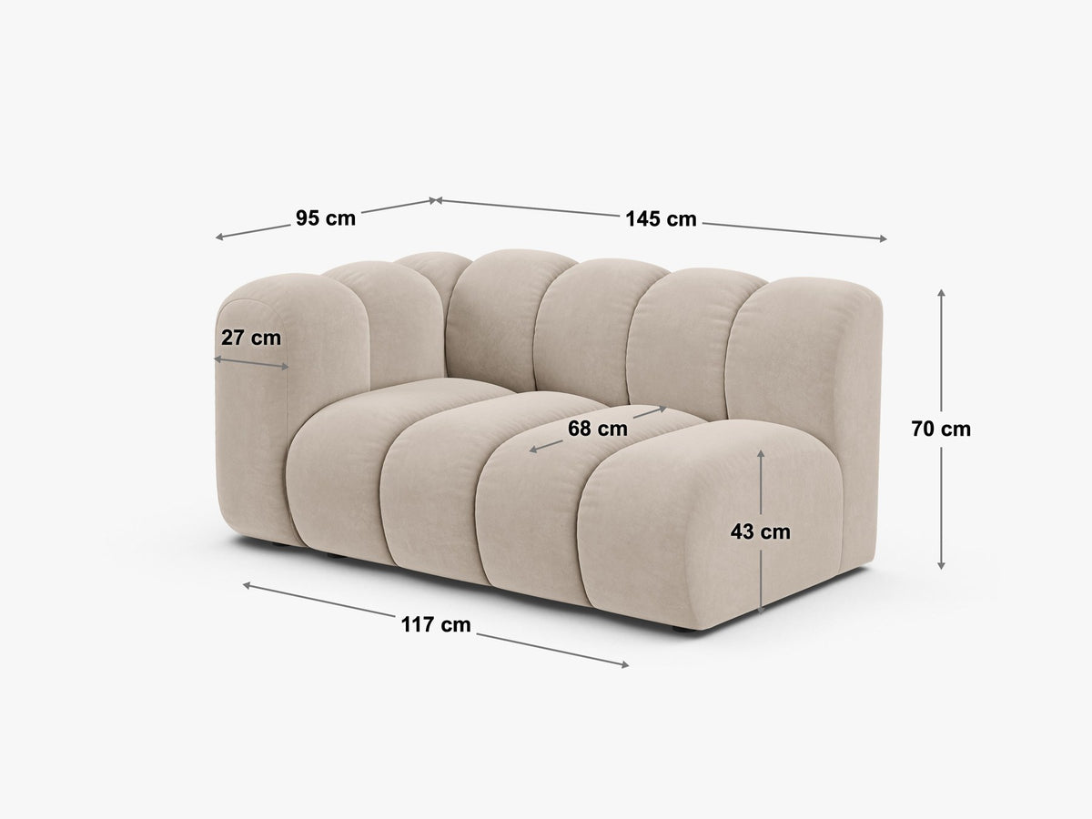 Modulares Zweisitzer-Sofa Lupine von Micadoni in leichtem Beige, Venus-Stoff, schwarze Kunststoffbeine, rechte Ausrichtung, 145x95x70 cm.