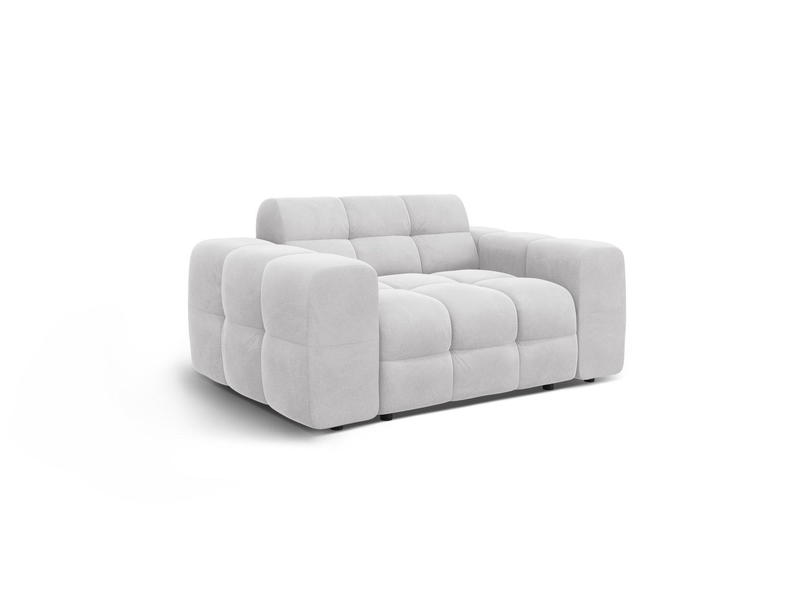 Modernes Kendal Velour Sofa in zartem Hellgrau, perfekt für gemütliche Wohnzimmer. Luxuriöser Stoff vereint Stil und Bequemlichkeit.