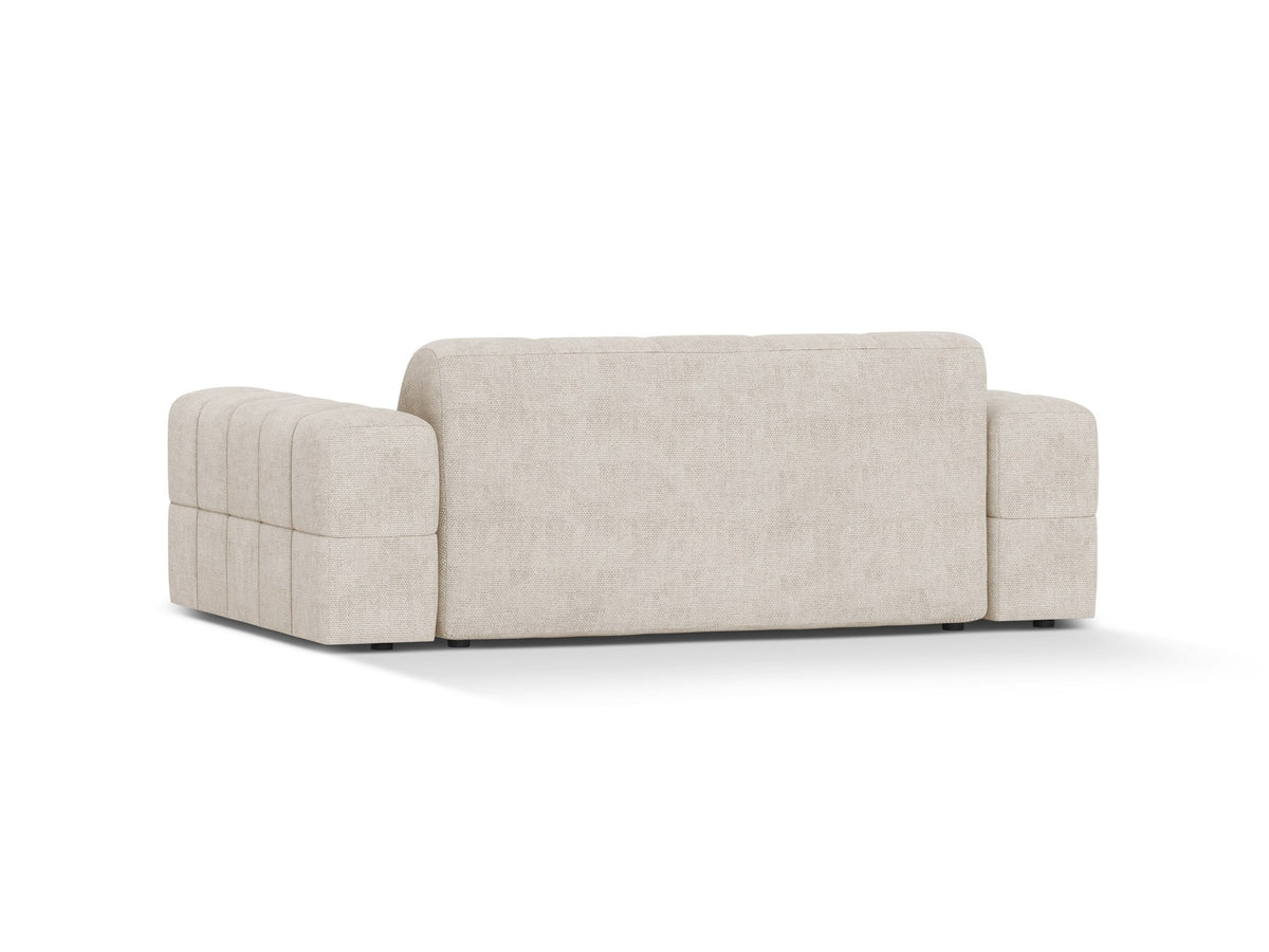 Beiges 2er Sofa Jennifer von Micadoni mit Chenille-Bezug, schwarzen Kunststoffbeinen und gepolsterter Rückenlehne auf hellem Hintergrund fotografiert.