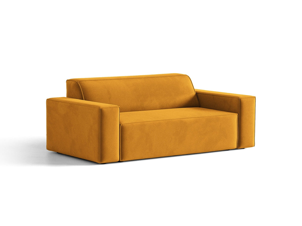 Zweisitzer-Sofa Jodie von Micadoni mit beigem Samtbezug, schwarzen Kunststoffbeinen und gepolsterter Rückenlehne, Frontalansicht.
