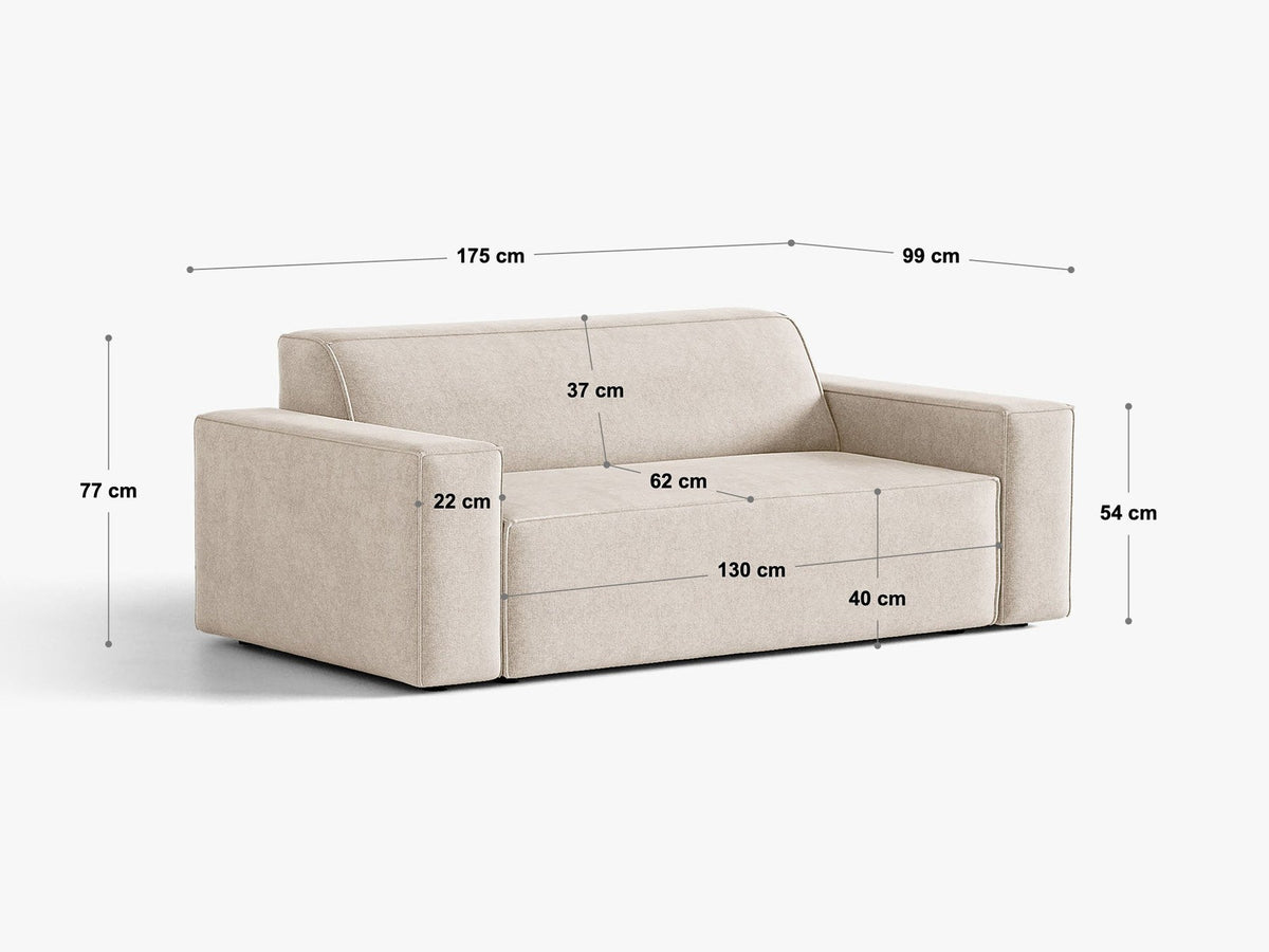 Zweisitzer-Sofa Jodie von Micadoni mit beigem Samtbezug, schwarzen Kunststoffbeinen und gepolsterter Rückenlehne, Frontalansicht.