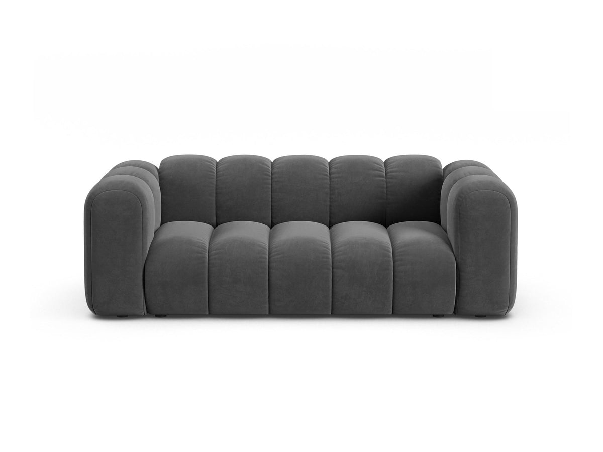 2er Sofa Lupine von Micadoni in leichtem Beige mit Samtstoff Venus, schwarzen Kunststoffbeinen und gerader Rückenlehne, Frontansicht.