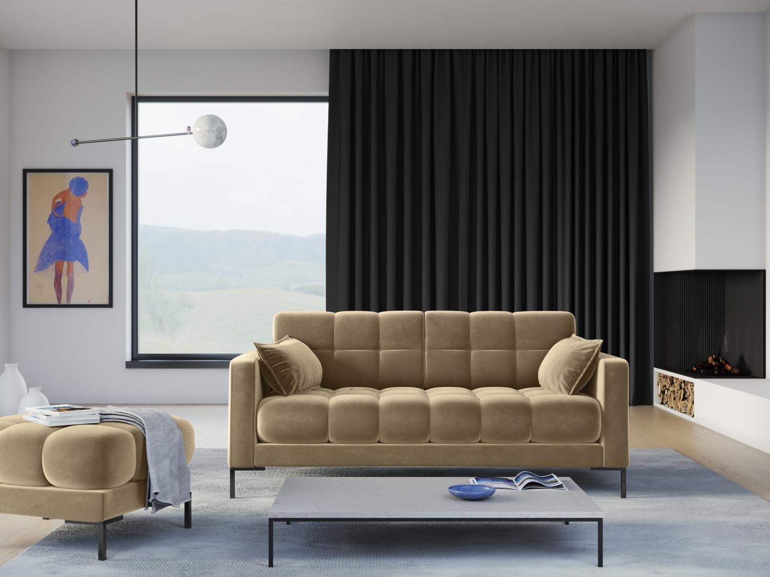 Elegantes Mamaia Velour Sofa 2 Sitzer in stilvollem Beige und Schwarz, ideal für moderne Wohnräume und gemütliche Abende.