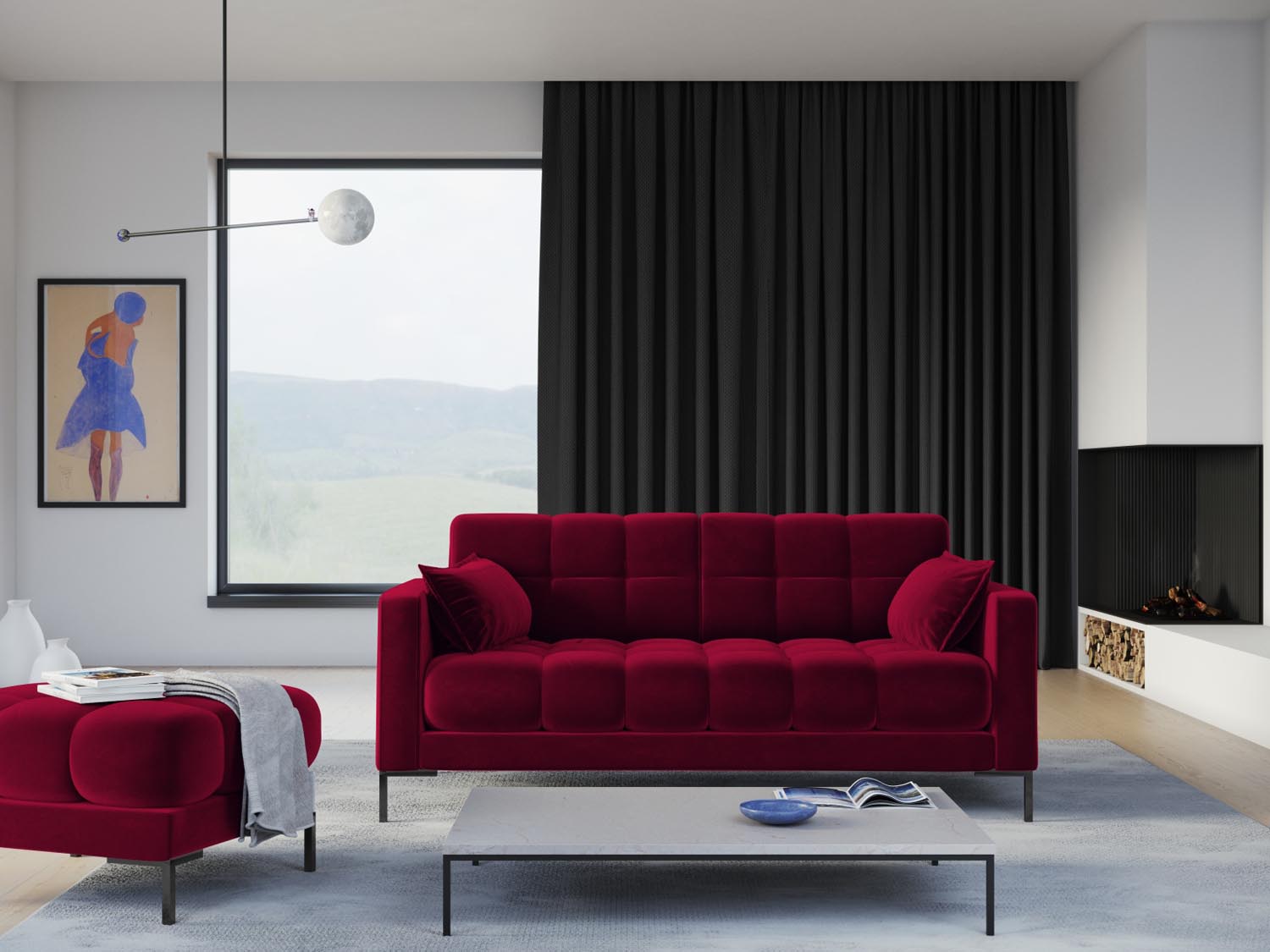 Elegantes Mamaia Velour Sofa 2 Sitzer in stilvollem Rot und Schwarz, ideal für moderne Wohnräume und gemütliche Abende.
