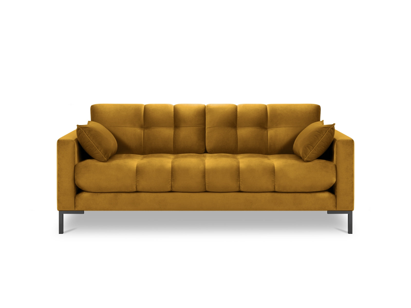 Stylisches 2-Sitzer Sofa Mamaia aus Velours in ansprechendem Gelb und Schwarz, perfekt für einladende Wohnzimmer und entspannte Stunden.