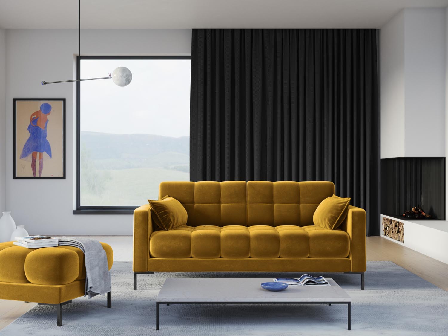 Elegantes Mamaia Velour Sofa 2 Sitzer in stilvollem Gelb und Schwarz, ideal für moderne Wohnräume und gemütliche Abende.