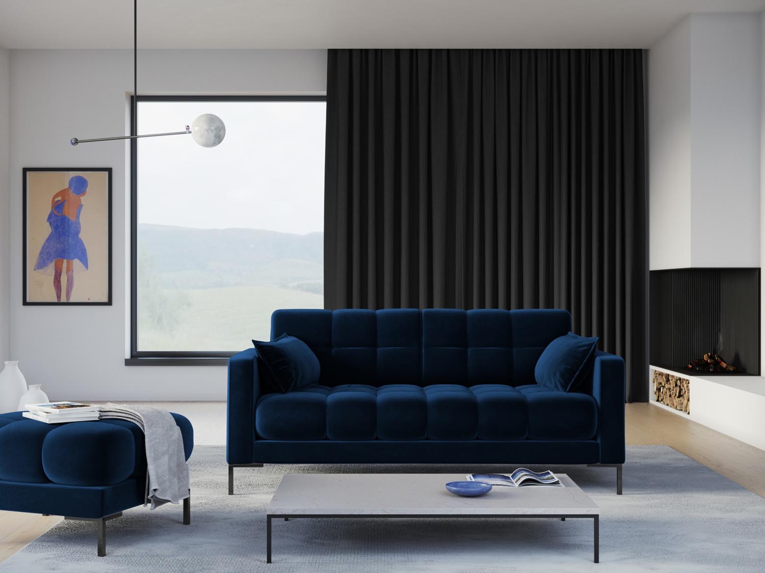 Elegantes Mamaia Velour Sofa für zwei Personen in Royal Blue und Schwarz-Bluvel, ideal für stilvolle Wohnräume.