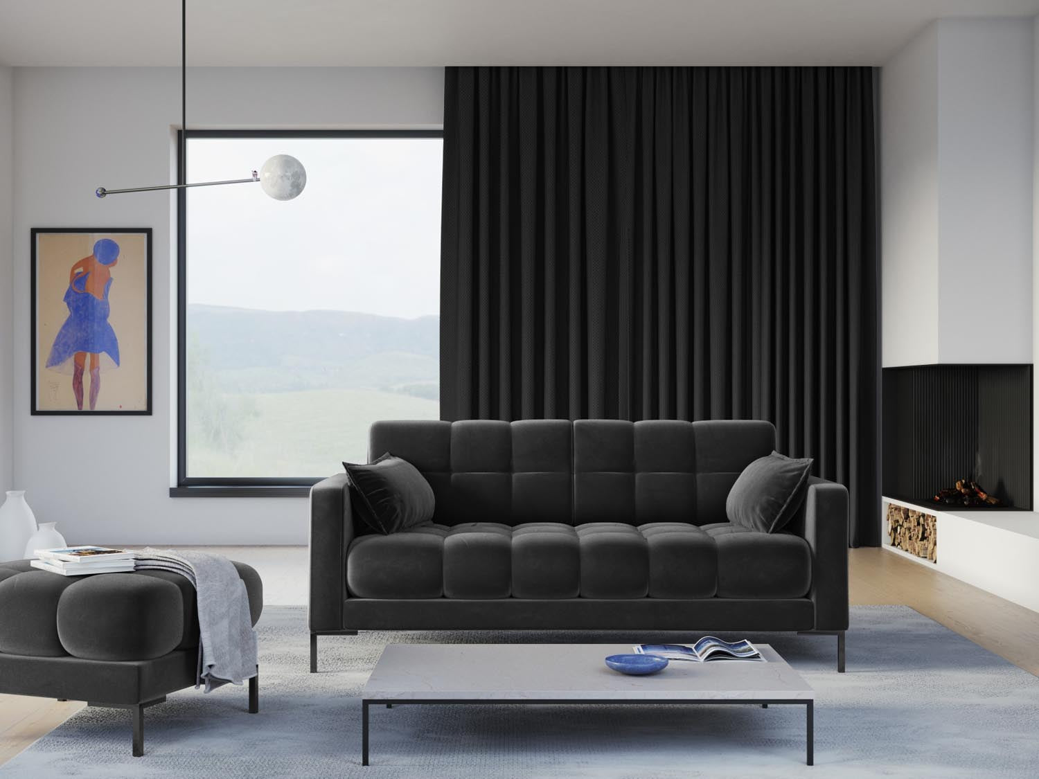 Elegantes Mamaia Velour Sofa 2 Sitzer in Dunkelgrau, stilvoll und modern, ideal für jedes Wohnzimmer, präsentiert von Micadoni.