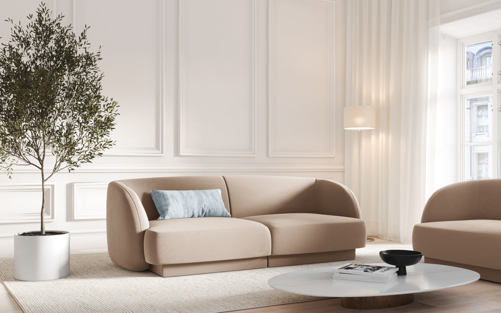 Elegantes Miley Velour Sofa für zwei Personen in stilvollem Cappuccino-Bluvel, ideal für moderne Wohnräume.