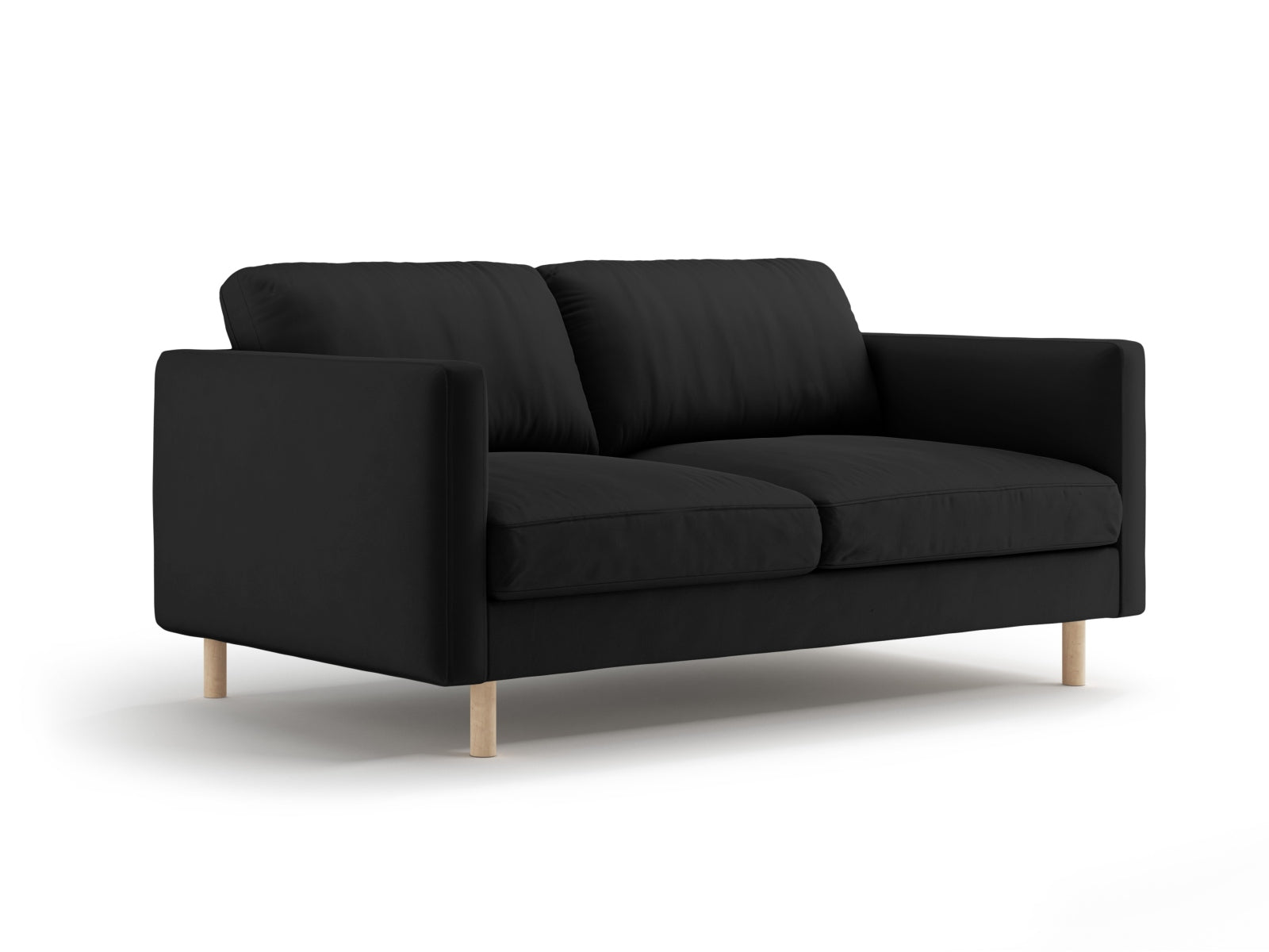 Elegantes Eden Velour Sofa für zwei Personen in stilvollem Schwarz, ideal für moderne Wohnräume und gemütliche Abende.