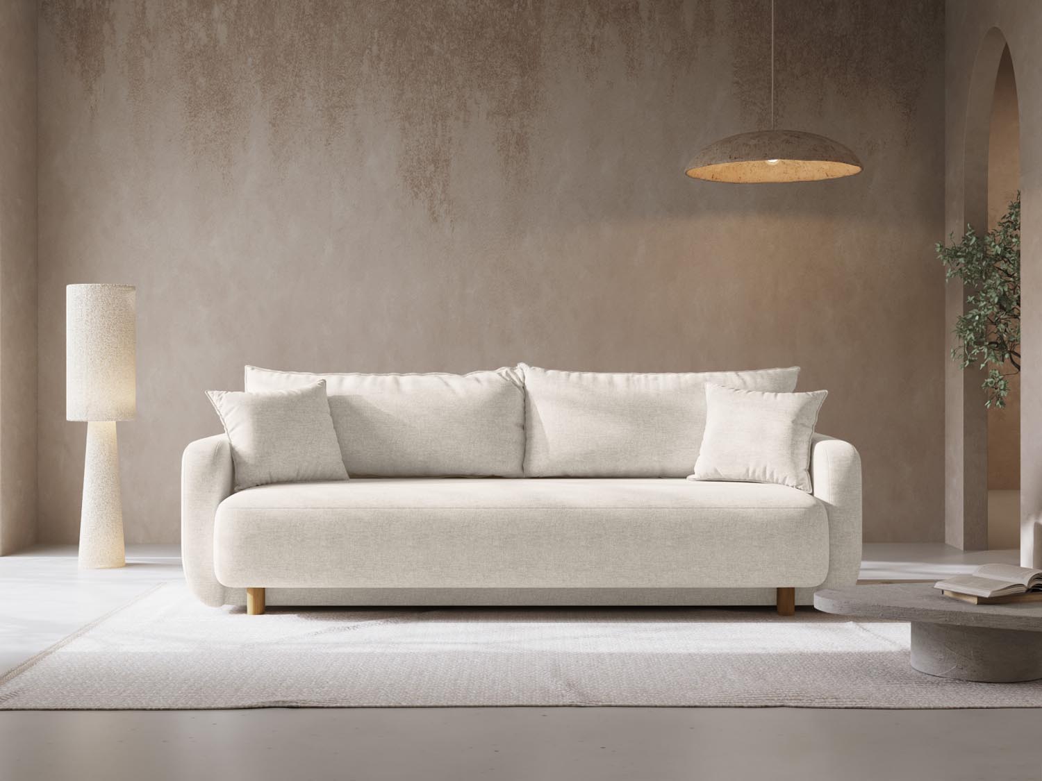 Elegantes Elen Sofa in Ivory-Wind, 3-Sitzer mit Schlaffunktion und praktischem Stauraum, ideal für modernes Wohnen.