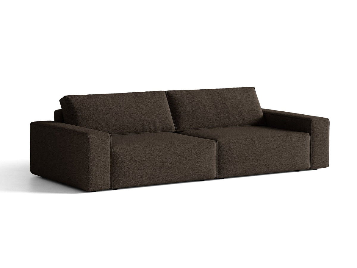 Braunes 3er Sofa Jodie von Micadoni mit Stoffbezug, schwarzen Kunststoffbeinen, ausklappbarer Bettfunktion und integriertem Stauraum im Sitzbereich.