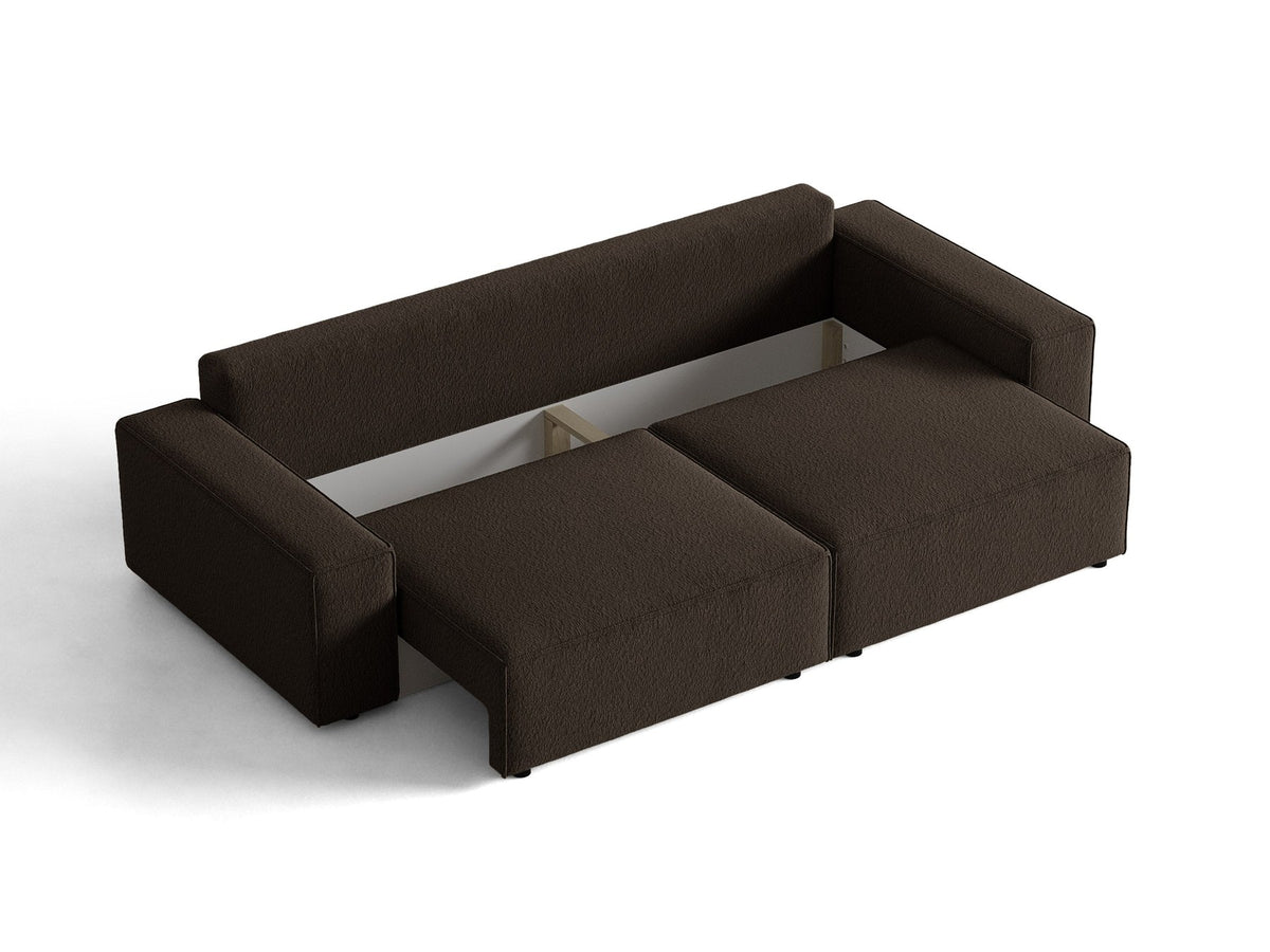Braunes 3er Sofa Jodie von Micadoni mit Stoffbezug, schwarzen Kunststoffbeinen, ausklappbarer Bettfunktion und integriertem Stauraum im Sitzbereich.