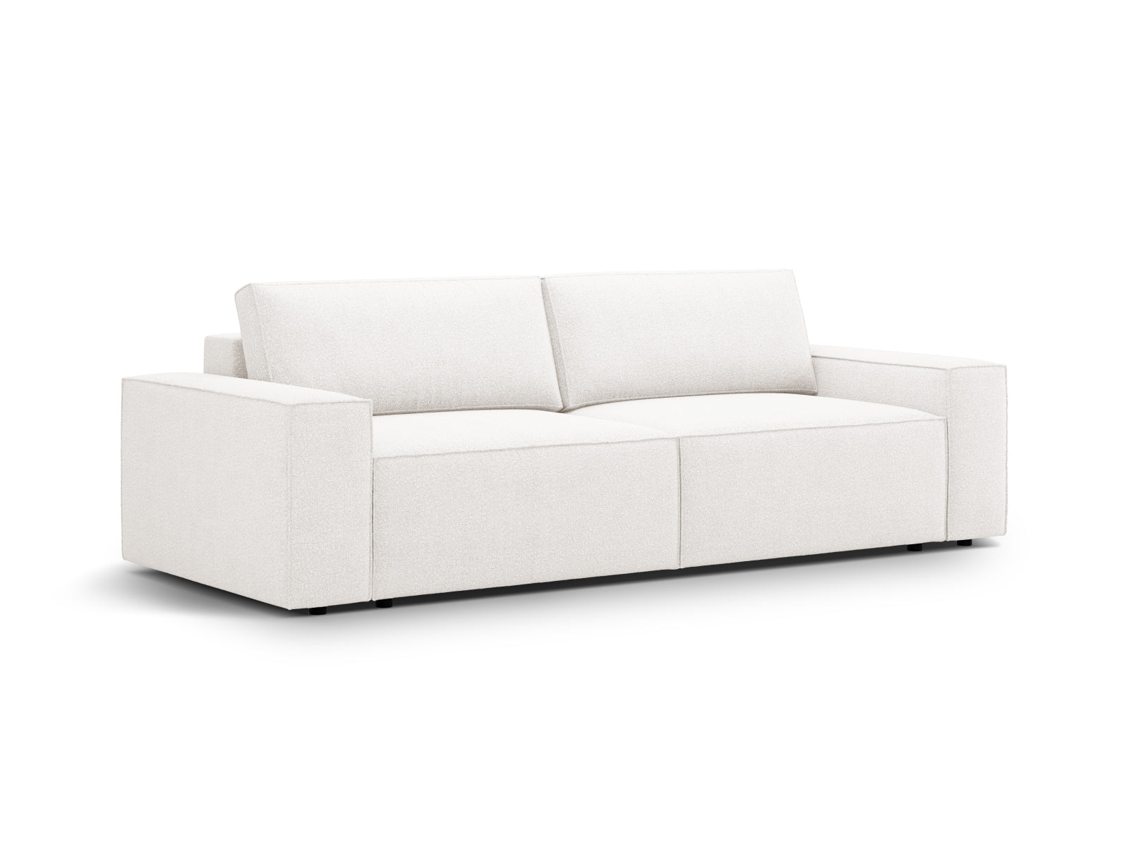 Modernes 3-Sitzer Boucle Sofa in sanftem Weiß, vielseitig einsetzbar als Schlafsofa mit praktischem Stauraum für zusätzlichen Komfort.