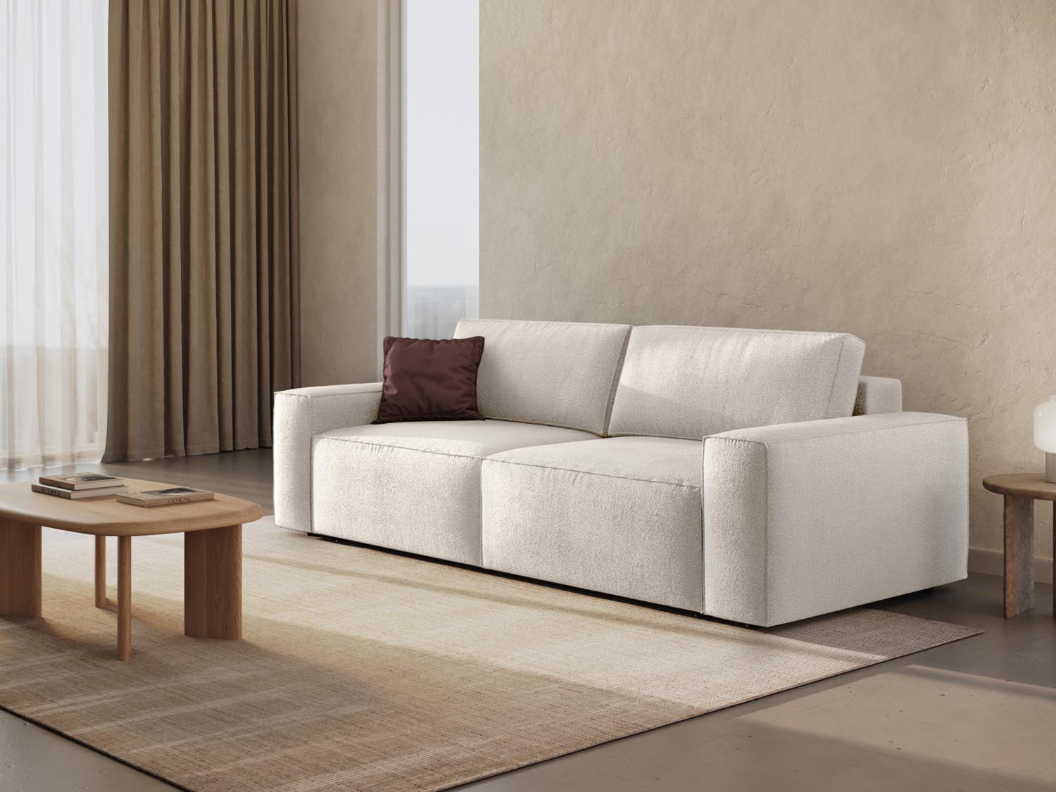 Elegantes Jodie Boucle Sofa in Weiß mit Schlaffunktion und Stauraum, ideal für stilvolle Wohnräume und Gästeübernachtungen.