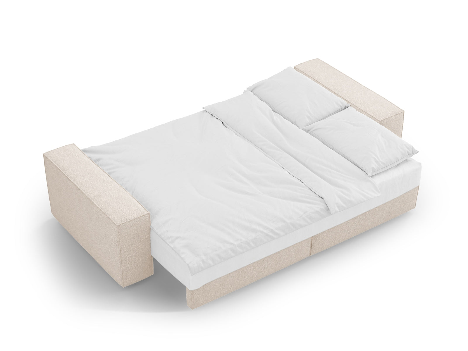 Stilvolles Boucle-Sofa von Micadoni, das als Schlafsofa dient und zusätzlichen Stauraum bietet – ideal für jedes Wohnzimmer.