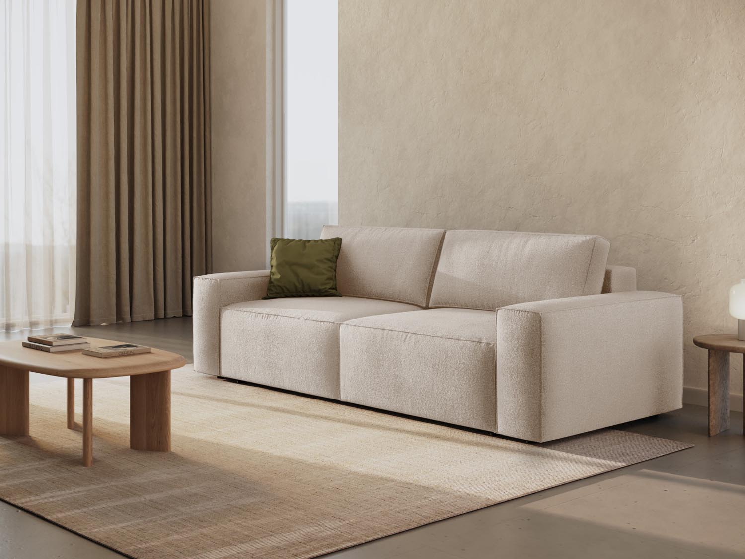 Beige Jodie Boucle Sofa mit Schlaffunktion und Stauraum, stilvolles 3-Sitzer Bettsofa von Micadoni, ideal für modernes Wohnen.