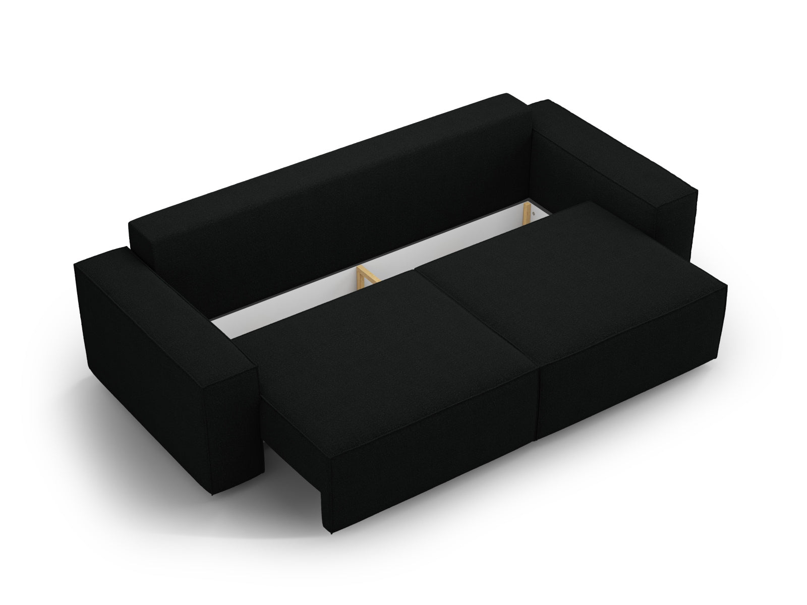 Stilvolles 3-Sitzer Boucle Sofa in Schwarz, multifunktional mit Schlaffunktion und praktischem Stauraum, perfekt für moderne Wohnkonzepte.
