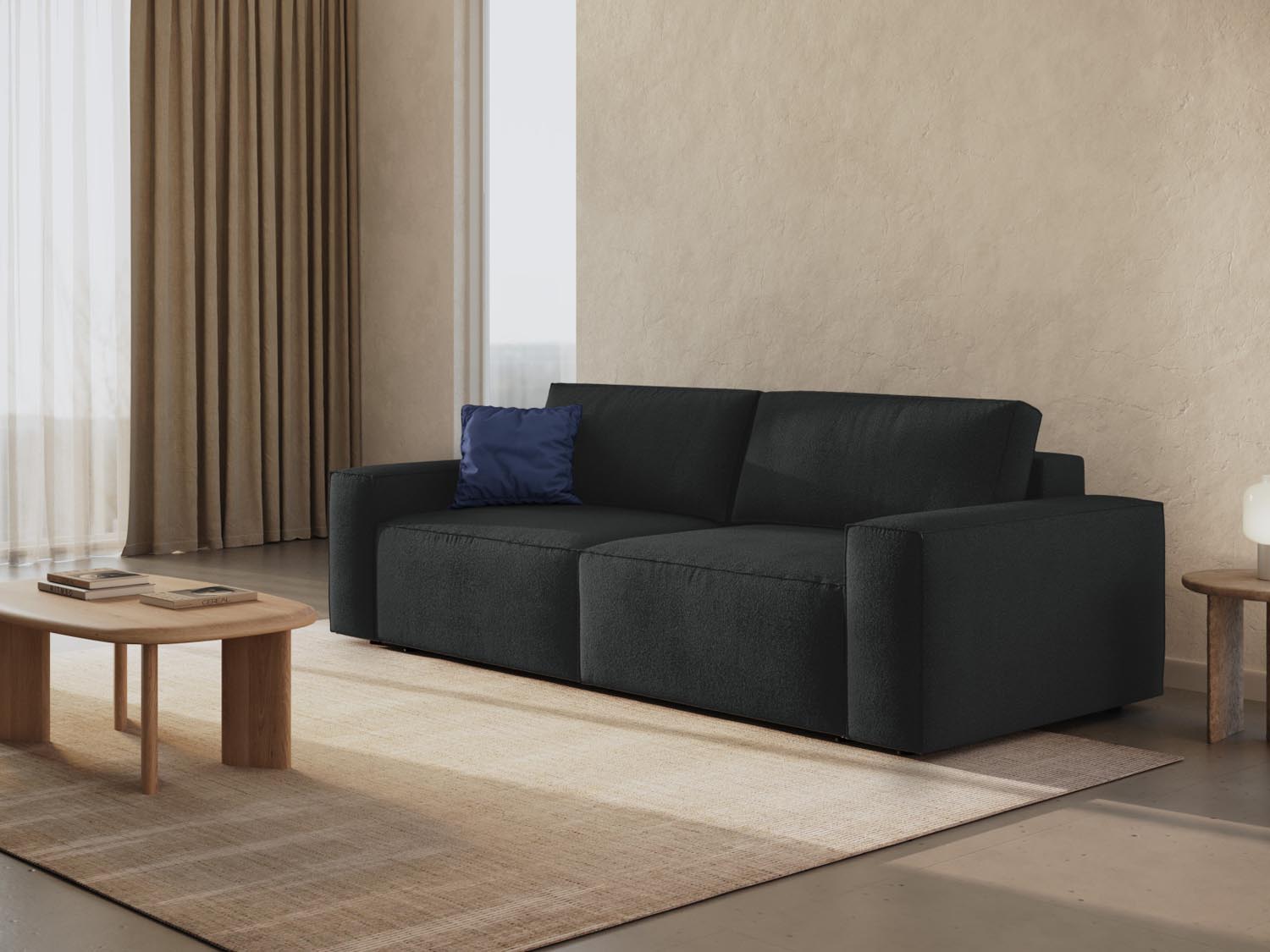 Elegantes Jodie Boucle Sofa in Schwarz mit Schlaffunktion und Stauraum, ideal für stilvolle Wohnräume und Gästeübernachtungen.