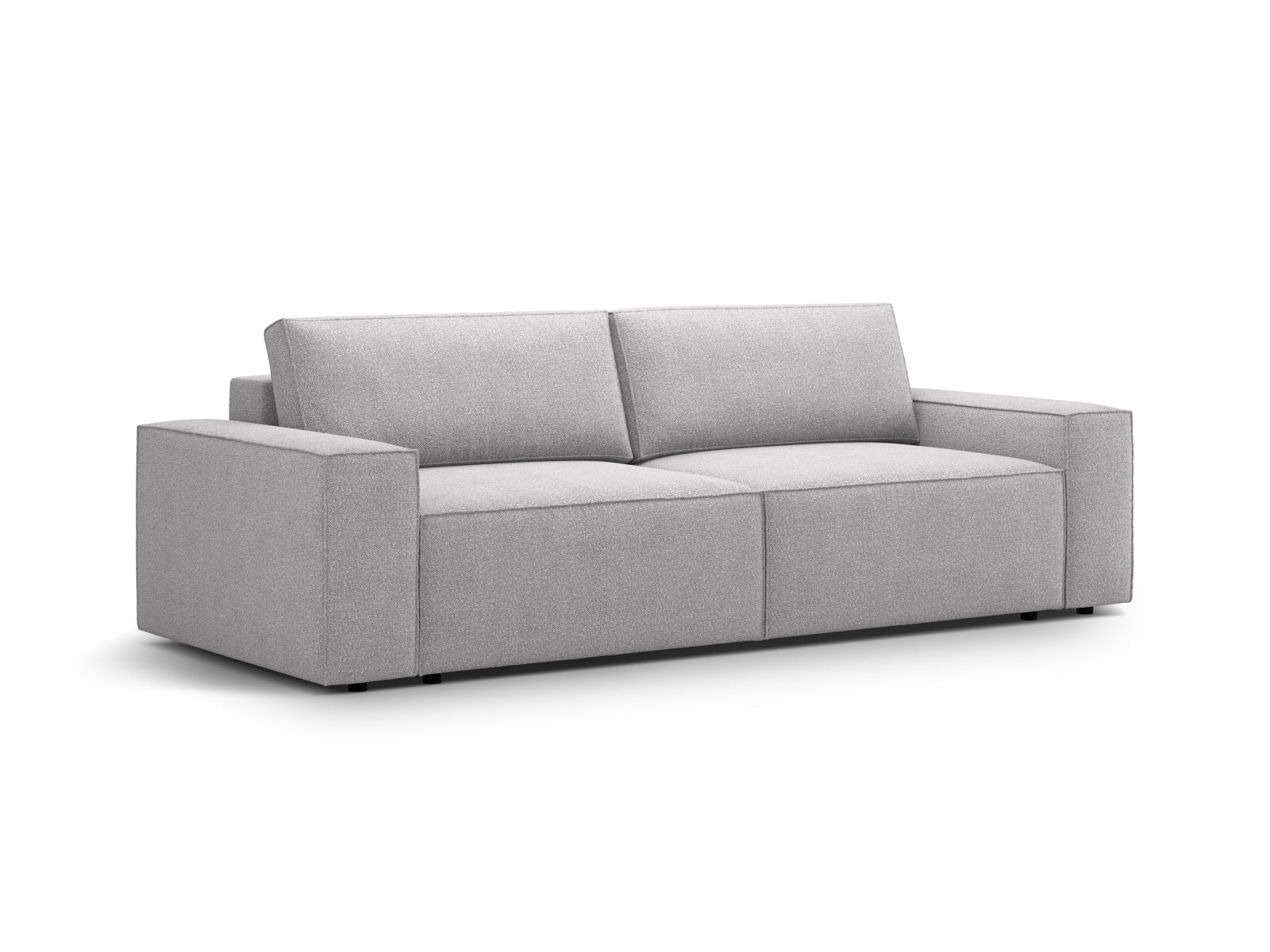 Modernes 3-Sitzer Boucle Sofa in sanftem Hellgrau, vielseitig einsetzbar mit Schlaffunktion und praktischem Stauraum für Ihr Zuhause.