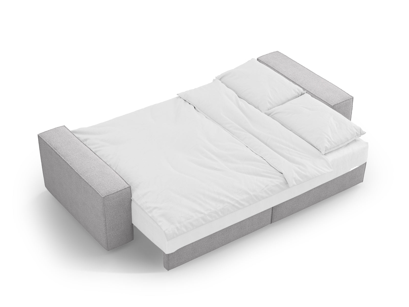 Elegantes 3-Sitzer Sofa aus Boucle in dezentem Grau, ideal für jedes Wohnzimmer, mit cleverer Schlaffunktion und integriertem Stauraum.