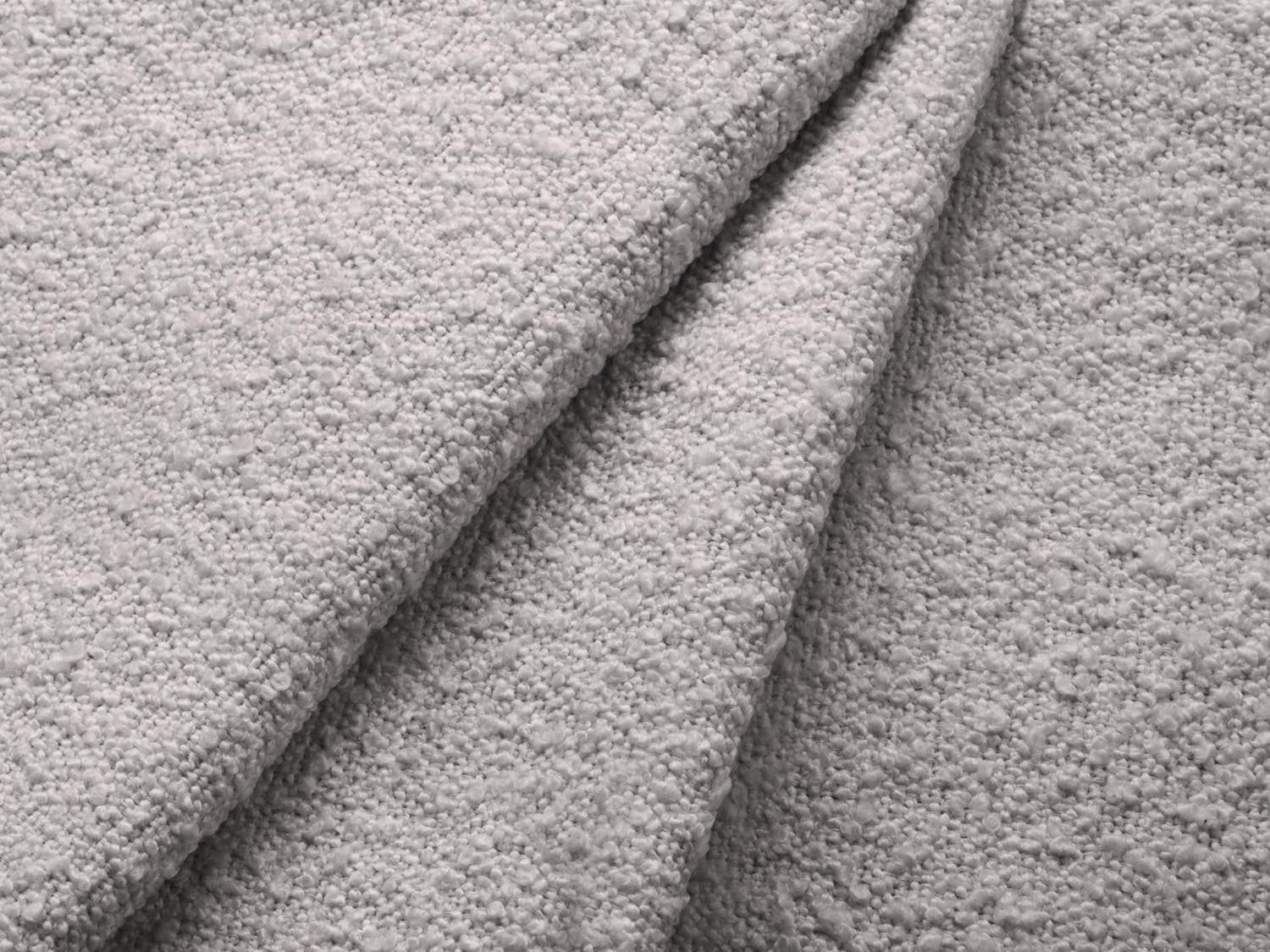 Stilvolles Boucle Sofa in sanftem Grau, 3-Sitzer mit praktischer Schlaffunktion und Stauraum, perfekt für moderne Wohnräume.
