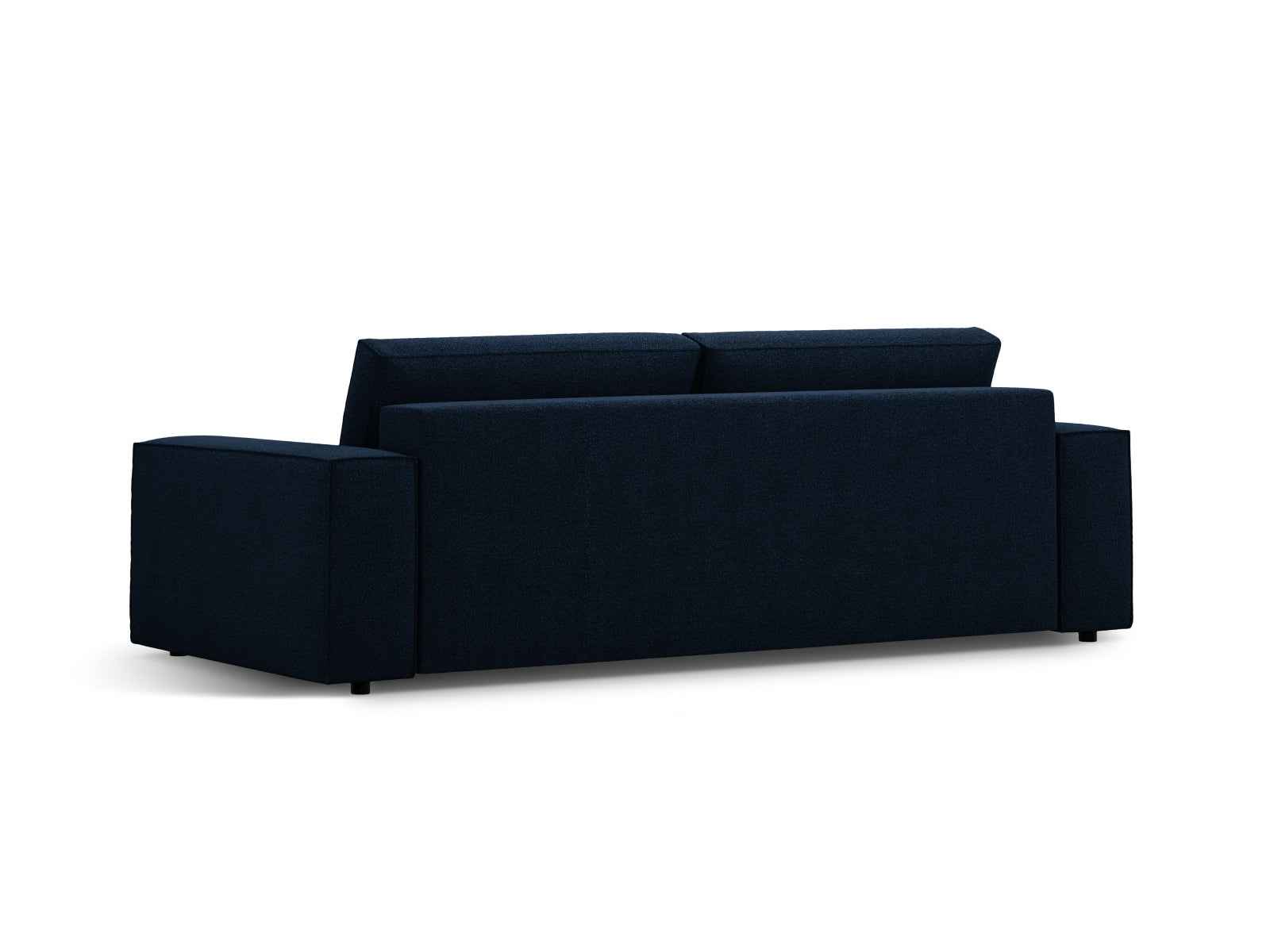 Elegantes dunkelblaues 3-Sitzer Sofa Jodie aus Boucle-Stoff, ideal als Schlafsofa mit zusätzlichem Stauraum für vielseitige Nutzung.