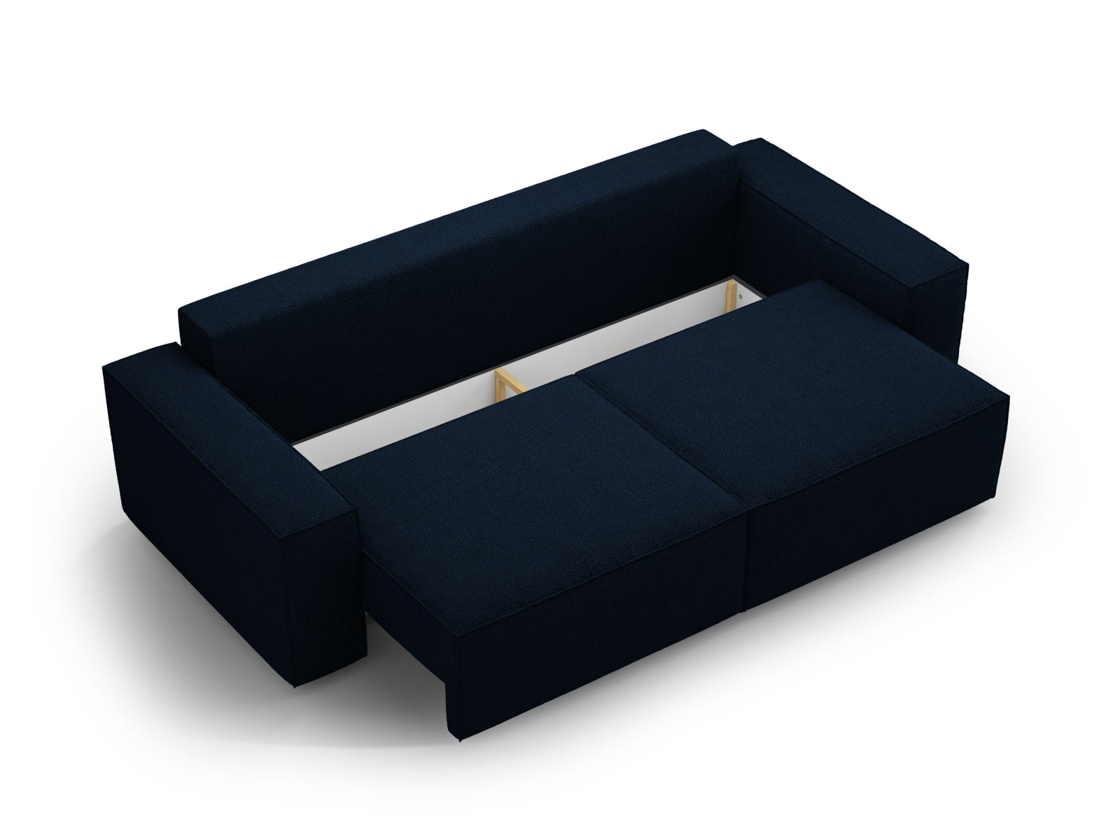 Stilvolles 3-Sitzer Boucle Sofa Jodie in Dunkelblau, perfekt als Schlafsofa mit praktischer Stauraumbox für zusätzlichen Platz.