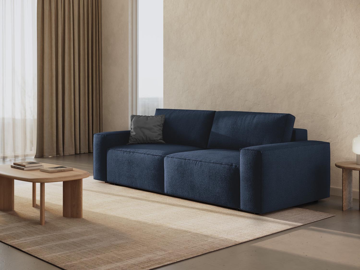 Elegantes Jodie Boucle Sofa in Dunkelblau, 3-Sitzer mit Schlaffunktion und Stauraum, ideal für stilvolle Wohnräume.