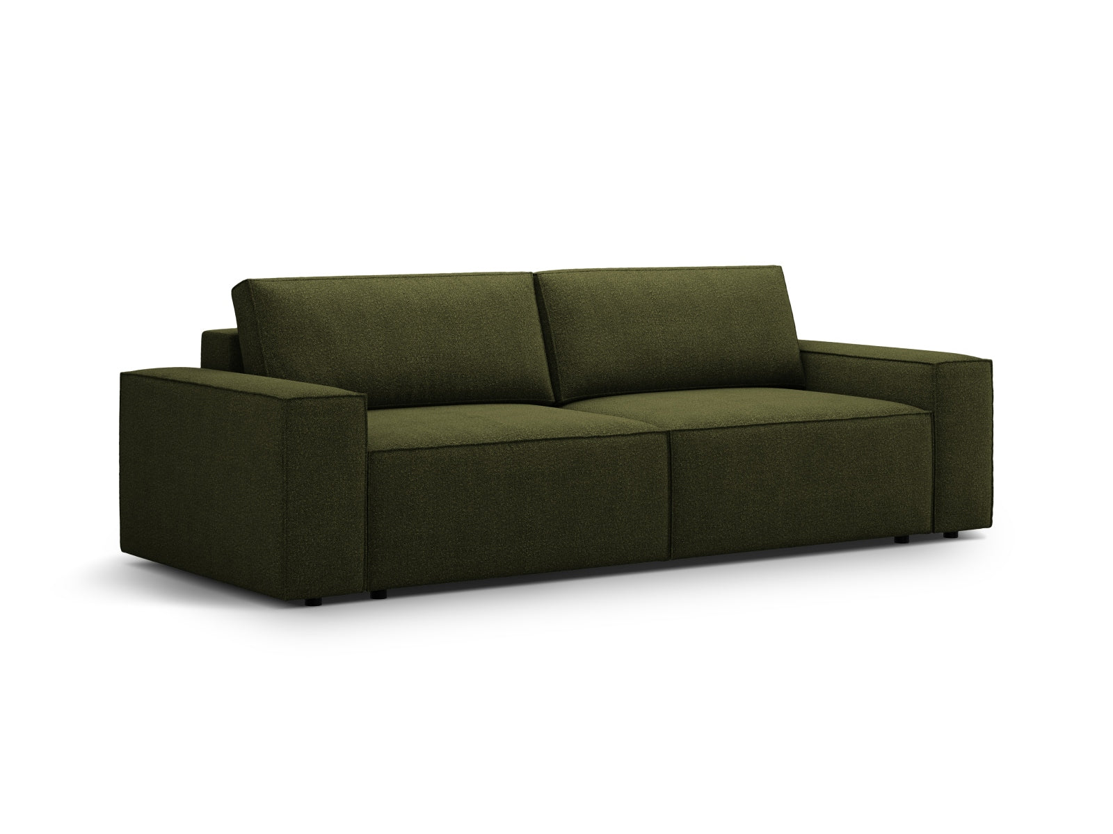 Stilvolles 3-Sitzer Boucle Sofa in Dunkeloliv, multifunktional mit Schlaffunktion und praktischer Stauraumbox für zusätzlichen Komfort.
