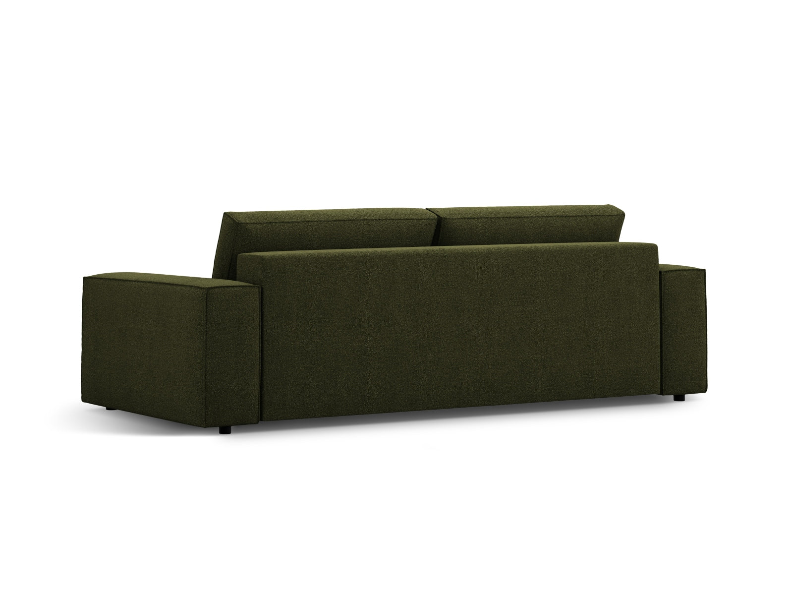 Elegantes 3-Sitzer Sofa in Dunkeloliv mit Boucle-Textur, ideal als Schlafsofa und mit integriertem Stauraum für mehr Funktionalität.