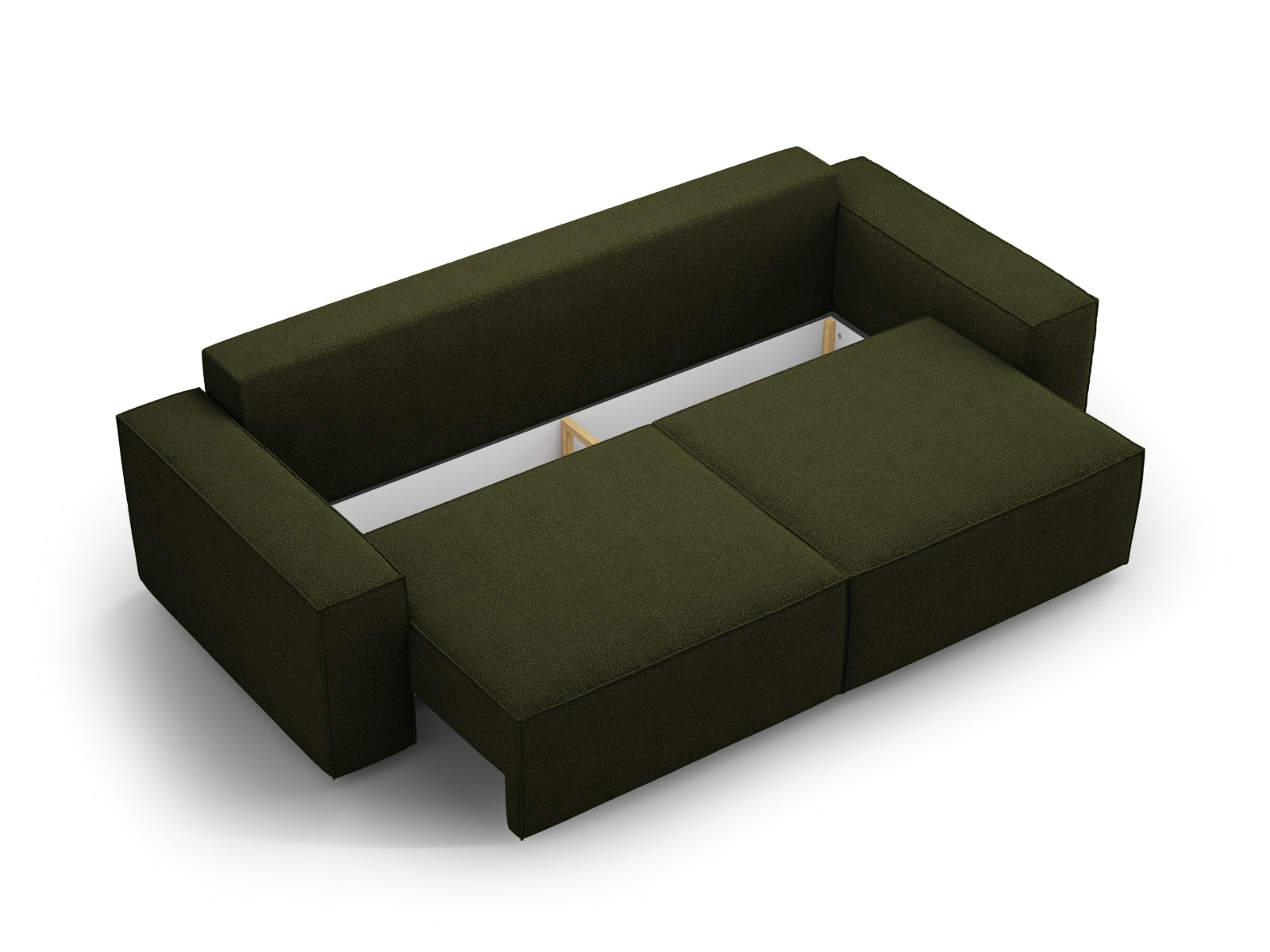 Stilvolles 3-Sitzer Boucle Sofa in Dunkeloliv, vielseitig einsetzbar als Schlafsofa mit praktischem Stauraum für zusätzlichen Komfort.